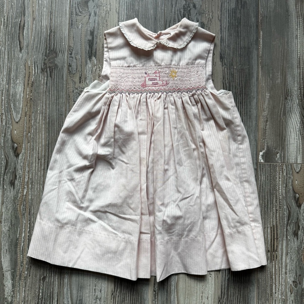 Vintage Alison Scott Smocked Embroidered Sleeveless Collared Lace Dress 4T Pink